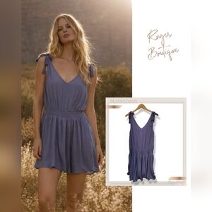 🌿Mustard Seed Plum Tie-Strap V neck Smocked Waist Jumper Dress Large